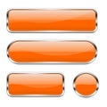 Orange glass buttons. Set of 3d shiny icons with chrome frame