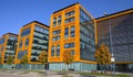 Orange and glass facade of building. Modern architecture. Skyscraper geometry. Business office park. Urban real estate. Economics Royalty Free Stock Photo