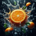 Orange in glass of water on black background Royalty Free Stock Photo