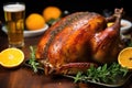 orange-glazed turkey with herbal rub next to bright saison