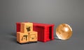 Orange globe, cardboard boxes and red freight ship container. International world trade. Deliver goods, shipping. Import export