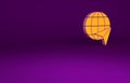 Orange Globe with flying plane icon isolated on purple background. Airplane fly around the planet earth. Aircraft world