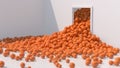 Orange glossy balls falling and rolling. White room, hard light. Abstract illustration, 3d render