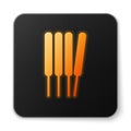 Orange glowing neon Aroma sticks, incense, aromas icon isolated on white background. Black square button. Vector