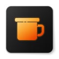 Orange glowing neon Camping metal mug icon isolated on white background. Black square button. Vector Illustration