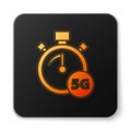 Orange glowing neon Digital speed meter concept with 5G icon isolated on white background. Global network high speed