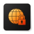 Orange glowing neon Global lockdown - locked globe icon isolated on white background. Black square button. Vector Royalty Free Stock Photo