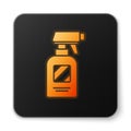 Orange glowing neon Hairdresser pistol spray bottle with water icon isolated on white background. Black square button Royalty Free Stock Photo