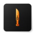 Orange glowing neon Hunter knife icon isolated on white background. Army knife. Black square button. Vector