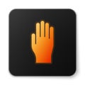 Orange glowing neon Medical rubber gloves icon isolated on white background. Protective rubber gloves. Black square