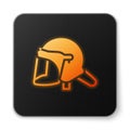 Orange glowing neon Police helmet icon isolated on white background. Military helmet. Black square button. Vector