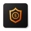 Orange glowing neon Shield with dollar symbol icon isolated on white background. Security shield protection. Money Royalty Free Stock Photo