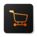 Orange glowing neon Shopping cart icon isolated on white background. Food store, supermarket. Black square button. Vector Royalty Free Stock Photo