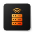 Orange glowing neon Smart Server, Data, Web Hosting icon isolated on white background. Internet of things concept with
