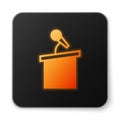 Orange glowing neon Stage stand or debate podium rostrum icon isolated on white background. Conference speech tribune