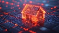 Orange glowing wireframe house rendered in 3D, situated on a futuristic circuit grid, symbolizing clean energy systems, advance