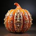 An orange and gold pumpkin sitting on a table