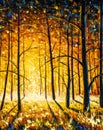 Panorama orange autumn sunny warm park alley forest original oil painting Royalty Free Stock Photo