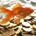 Orange goldfish swimming in gold colored money coins Royalty Free Stock Photo