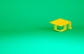 Orange Graduation cap icon isolated on green background. Graduation hat with tassel icon. Minimalism concept. 3d Royalty Free Stock Photo