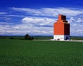 Orange grain elevator in green fields Royalty Free Stock Photo