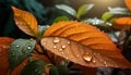 Orange and green autumn leaves with water drops