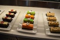 orange and green cakes or desserts in display case