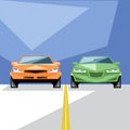 An orange and green cars at start for a racing Royalty Free Stock Photo