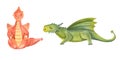 Orange and green Dragons doing yoga. Plank Exercise, lotus pose. Winged animals meditation. Colored Dragon practicing fitness.
