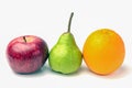 Orange and green pear and red Apple close up on a white background