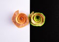 Orange and Green pencil shavings in shape of flowers shot over white black background Royalty Free Stock Photo