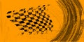 Orange grungy background with black abstract tire tracks and chess flag Royalty Free Stock Photo