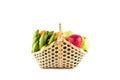 Orange, guava, banana and apple in wicker basket on white background fruit health food isolated Royalty Free Stock Photo