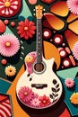 orange guitar clipart with flowers. floral painting color splash. music background illustration. artistic artwork