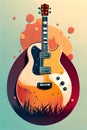 orange guitar clipart with grass. splatter painting color splash. music background illustration