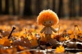 an orange haired doll standing in the middle of a field of autumn leaves