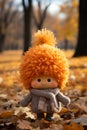 an orange haired doll wearing a sweater and scarf on the ground