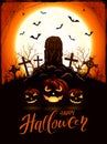 Orange Halloween background with pumpkins and tomb on cemetery