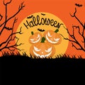 Orange halloween background with scary pumpkins, full moon, tree Royalty Free Stock Photo