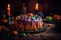 orange halloween cake with purple cream decorated with spiders on a rustic wood and dark background with candles. Ai generative Royalty Free Stock Photo