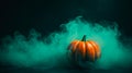 Pumpkin Lantern in Teal Smoke. Pumpkin with Green Bakcground. Smoky Pumpkin. Generative AI.