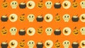 Orange Halloween wallpaper with pumpkins, eyes, cauldrons and skulls.