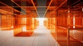 an orange hallway with many glass shelves in it