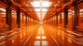 an orange hallway with many windows and a bright light