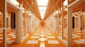 an orange hallway with white walls and checkered floor