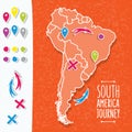 Orange hand drawn South America map with map pins Royalty Free Stock Photo