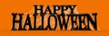 Orange Happy Halloween text in black covered in spooky spider webs banner