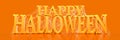 Orange Happy Halloween text covered in spooky spider webs banner