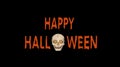 Orange Happy Halloween Text with a spooky Ghost Skull with glowing eyes isolated on Black