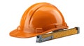 Orange hard hat and folding ruler isolated on white background Royalty Free Stock Photo